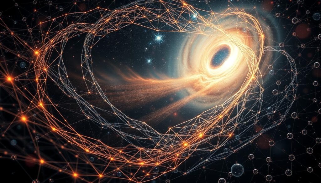 A vast, celestial tapestry of interconnected nodes and luminous strands, weaving an intricate cosmic network that maps the hidden pathways between hollow stars. In the foreground, a swirling vortex of energy pulses with an otherworldly glow, its tendrils reaching out to caress the distant, ghostly silhouettes of mysterious celestial bodies. The middle ground is a dreamscape of shimmering, translucent orbs that drift lazily through the inky blackness, their surfaces reflecting the faint, flickering light of unseen stars. In the background, a kaleidoscope of nebulae and galaxies unfolds, their vibrant hues and ethereal forms creating a mesmerizing, ever-shifting backdrop for this haunting, yet beautiful vision of the universe's hidden architecture.
