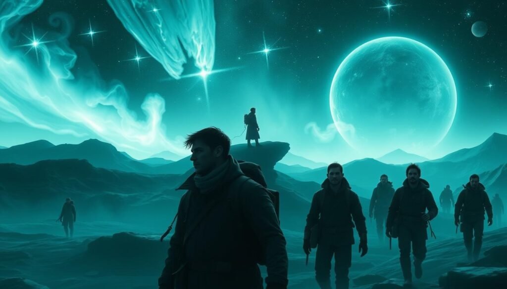 Hollow Star Compass travelers, wandering through a vast cosmic expanse, their silhouettes illuminated by the eerie glow of distant celestial bodies. In the foreground, a group of intrepid explorers navigates uncharted regions, their worn but determined faces set against a backdrop of swirling nebulae and shimmering auroras. The middle ground reveals a lone figure standing atop a floating platform, gazing upwards with a mixture of wonder and trepidation, as if seeking guidance from the enigmatic stars above. In the distant background, the looming presence of a colossal, hollow star casts an otherworldly shadow, its ethereal light casting a haunting reflection on the travelers' faces. The scene is bathed in a cool, ethereal palette, evoking a sense of awe and the vastness of the unknown.